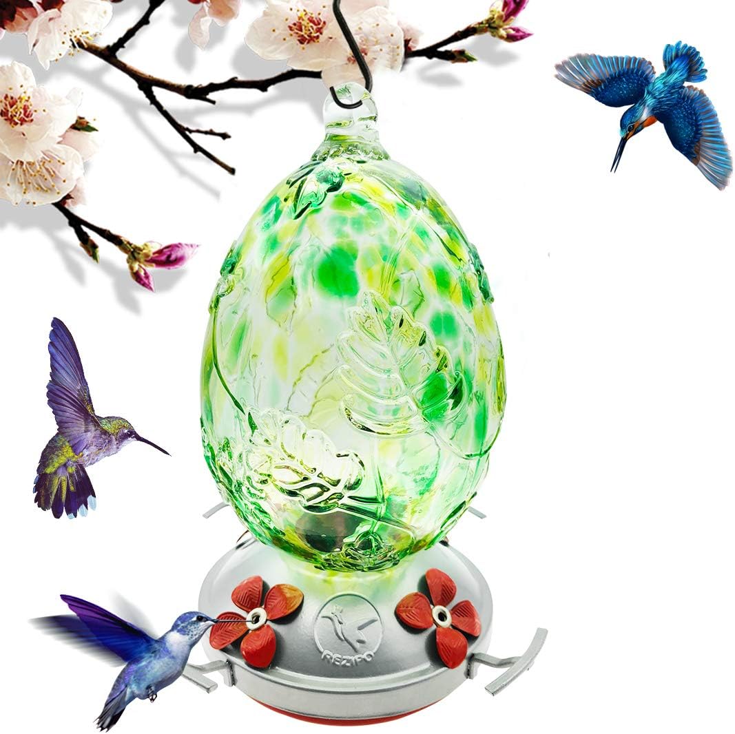 REZIPO Hummingbird Feeder with Perch - Hand Blown Glass - Green - 26 Fluid Ounces Hummingbird Nectar Capacity Include Hanging Wires and Moat Hook