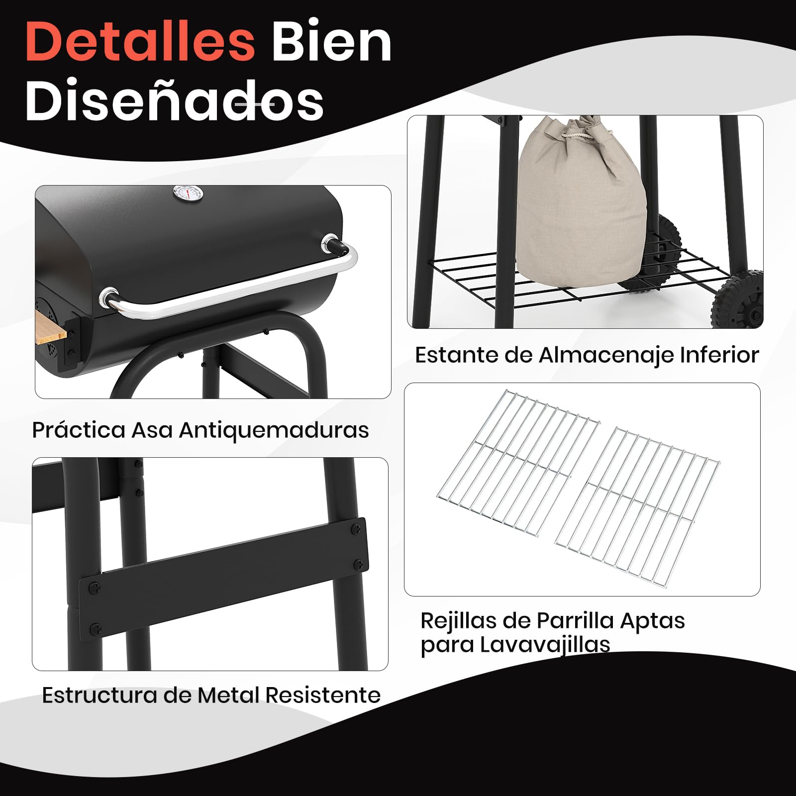 GOPLUS Parrilla de Carbón Portátil, Barbacoa al Aire Libre con Termómetro y Mesa Lateral Plegable, Estante de Almacenamiento y Ruedas para Patio Jardín Camping Picnics