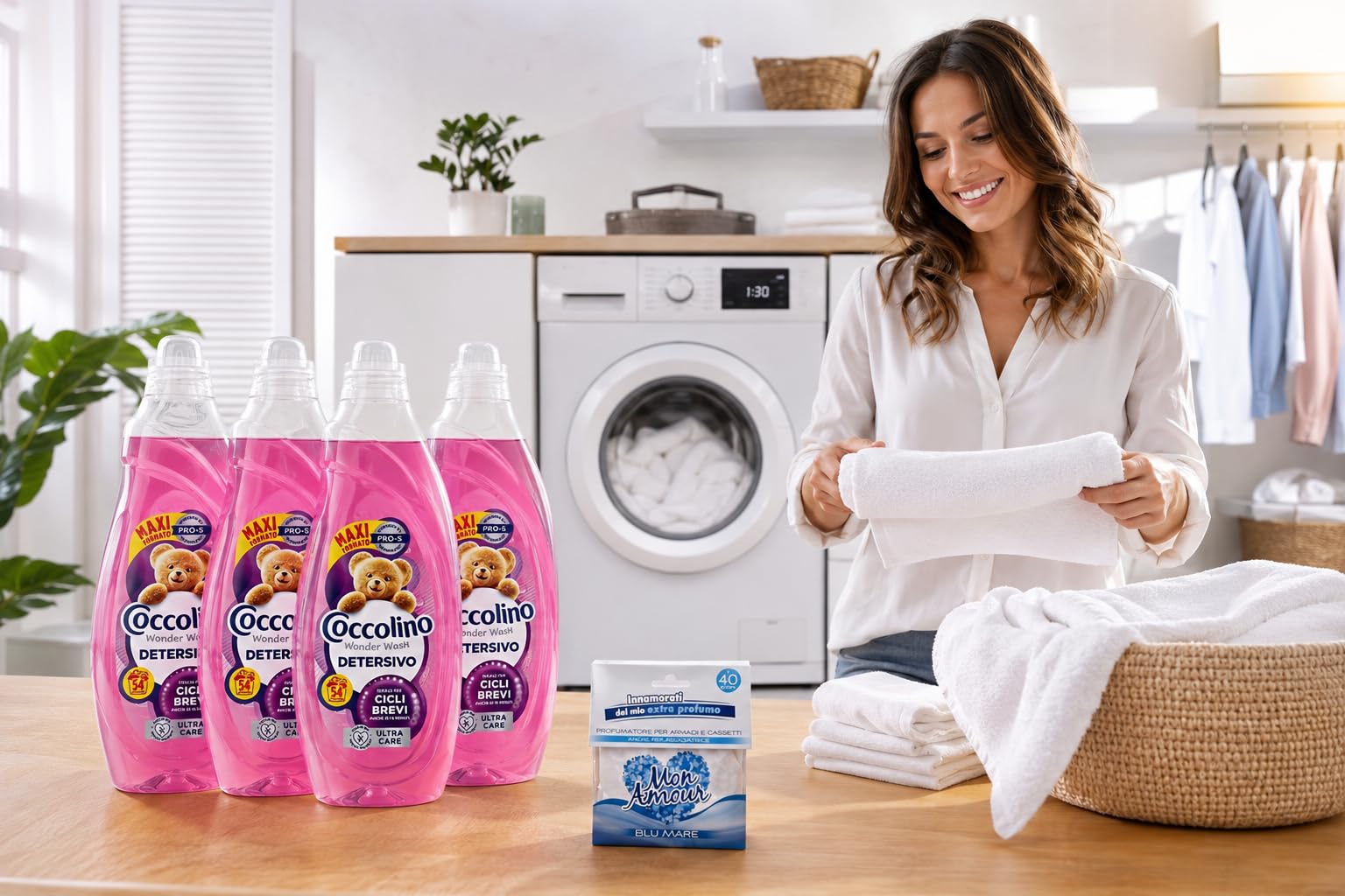 Coccolino Wonder Wash Ultra Care 4 x 54 Lavaggi (216 Totali) – Detersivo Liquido Lavatrice 2160 ml x4 – Ideale per Cicli Brevi – Maxi Scorta Convenienza + Profumatore Mon Amour in Omaggio