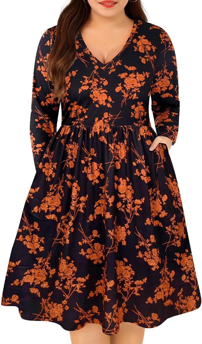 CARCOS Plus Size Dresses for Curvy Women Crew/Vneck Long Sleeve Dresses Ladies Knee Long Fall Winter Dress with Pocket XL-5XL