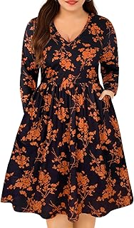 Plus Size Dresses for Curvy Women Crew/Vneck Long Sleeve Dresses Ladies Knee Long Fall Winter Dress with Pocket XL-5XL