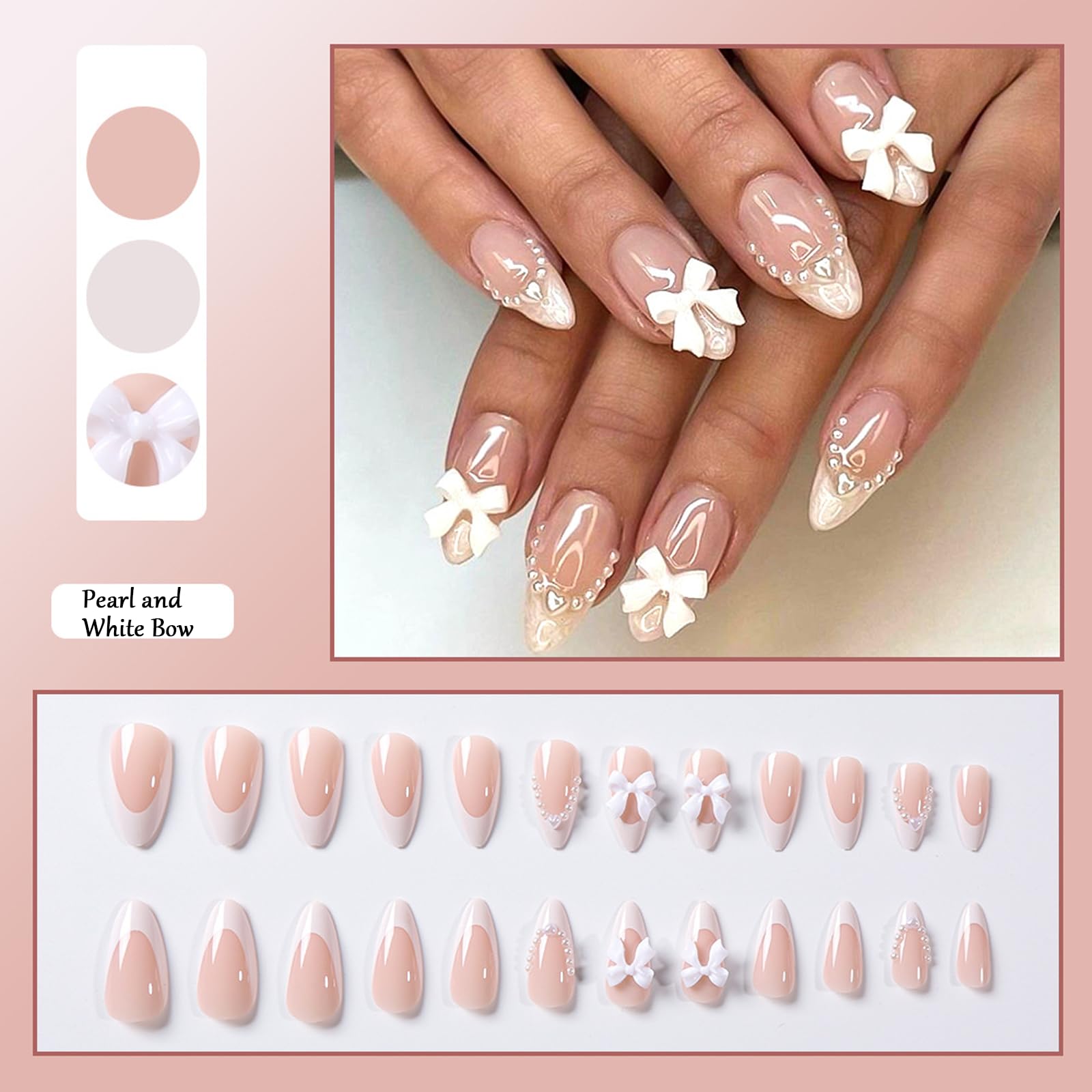 24Pcs Almond False Nails, French Tip False Nails, Stick on Nails with Pearl and White Bow, French Style Almond Press on Nails - Image 2