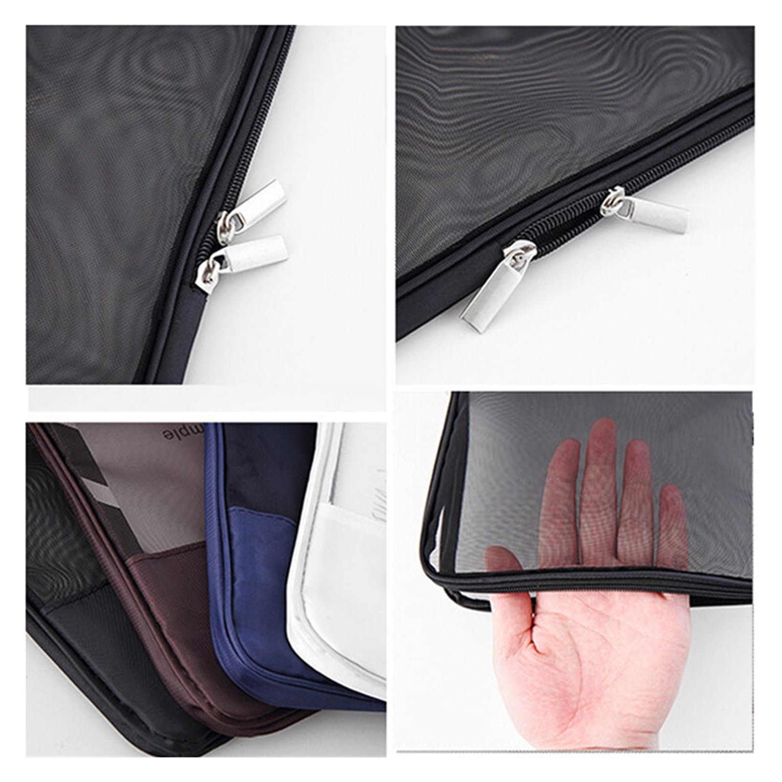Borse con zip a rete Borsa con cerniera in rete Cartelle tascabili di grandi dimensioni Borsa con cerniera in rete Cartella portadocumenti traslucida for libri Scatola portadocumenti(Black)