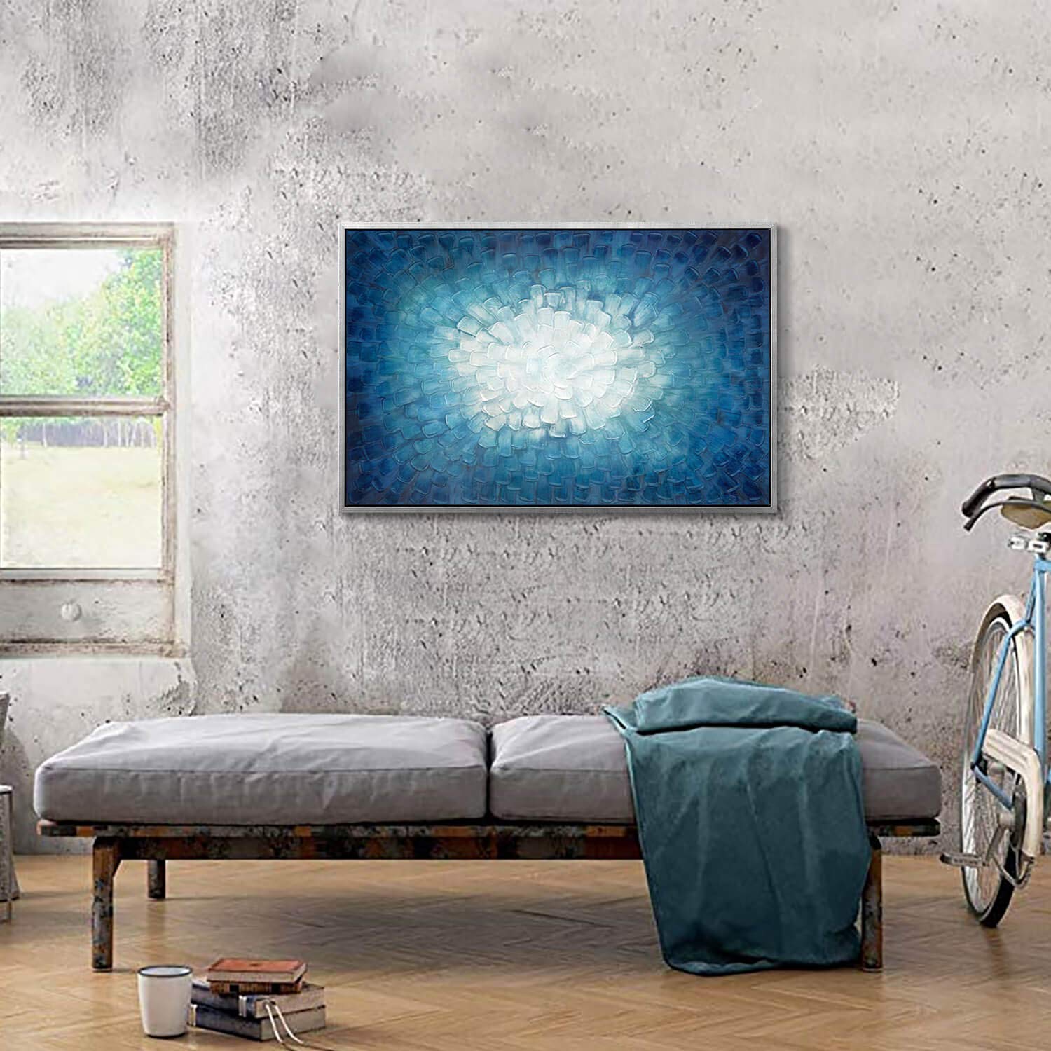 3D Teal Abstract Painting Framed: Navy Textured Picture Artwork in Gradient Color Modern Canvas Wall Art (36"W x 24"H,Multi-Sized)