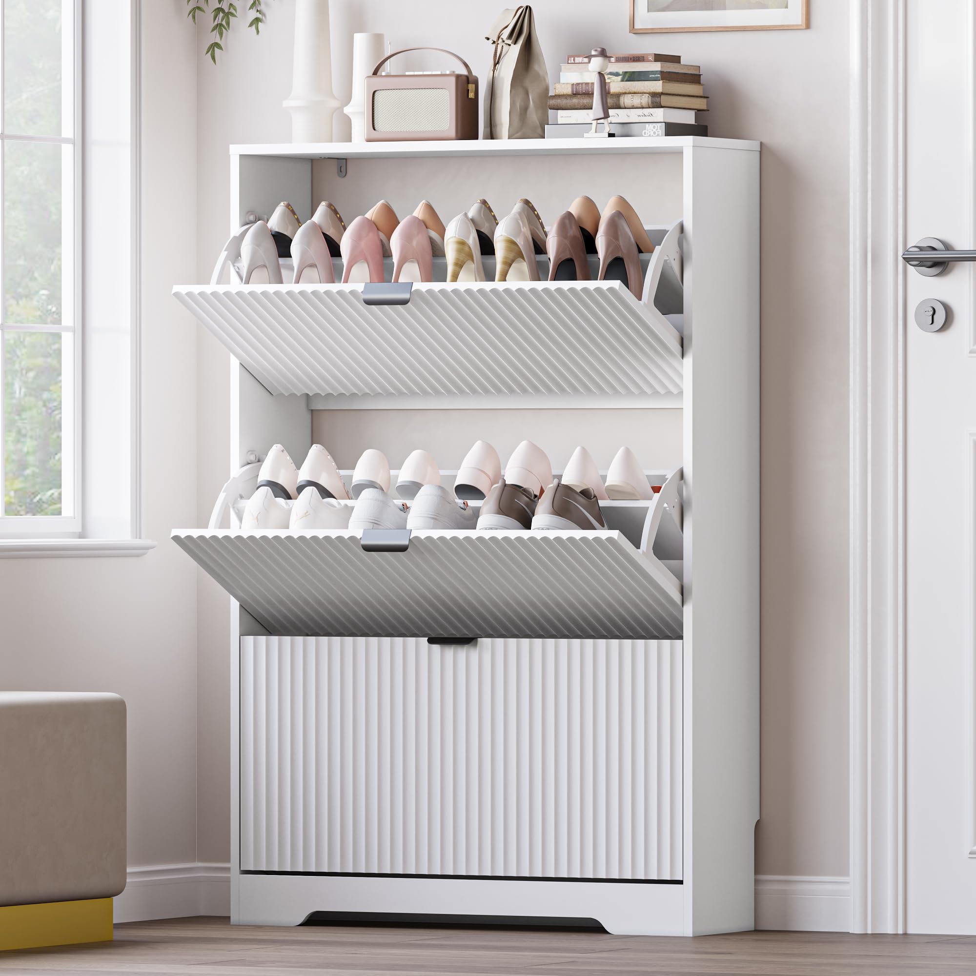 BORNOON Entryway Shoe Cabinet with 3 Flip Drawers, Narrow Shoe Organizer Cabinet with Fluted Panel and Adjustable Shelves for Foyer, Hallway