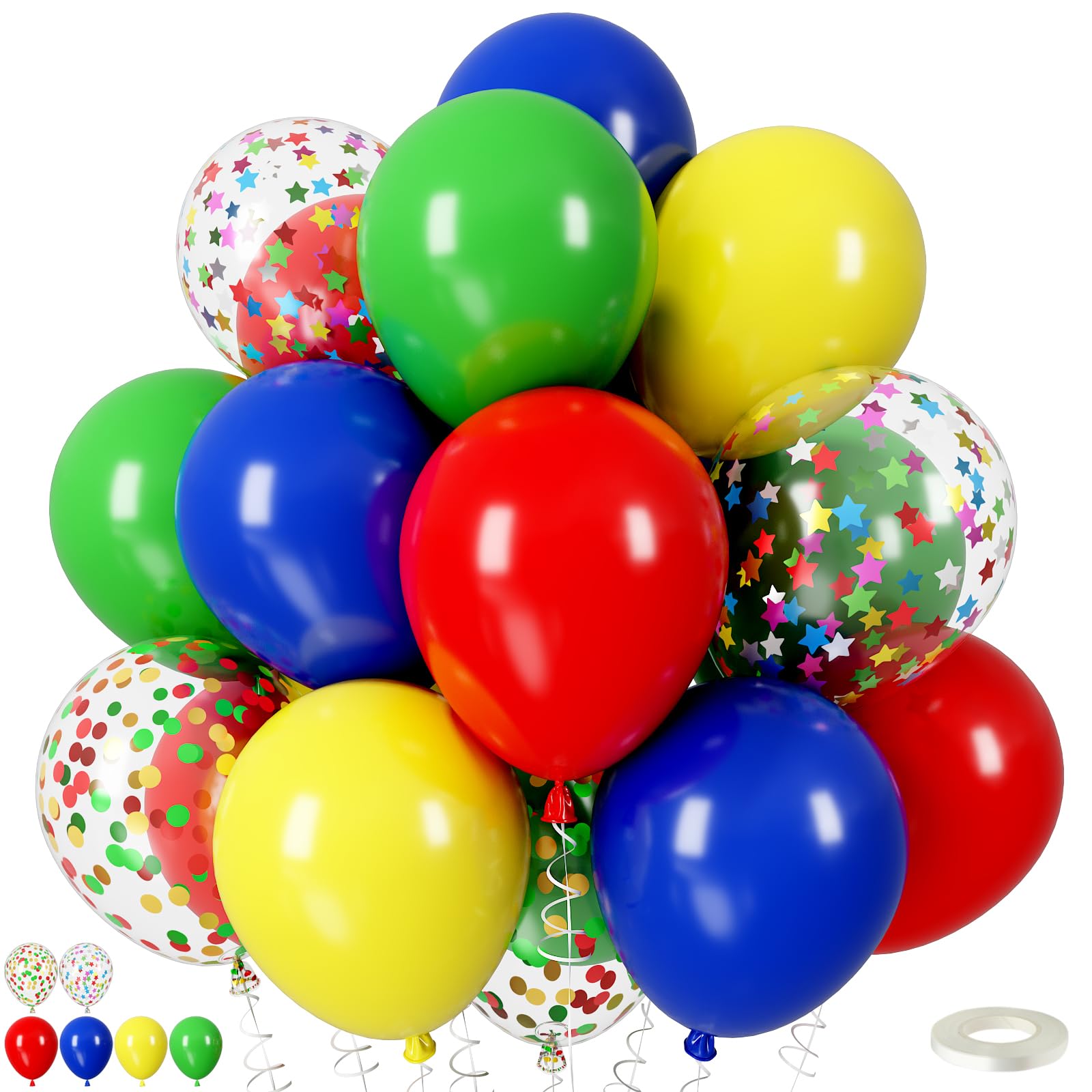 Red Blue Green Yellow Balloons, 12 Inch 50pcs Carnival Circus Balloon Matte Red Yellow Royal Blue Green Colourful Confetti Balloons For Kids Rainbow Birthday Baby Shower Video Game Party Decorations