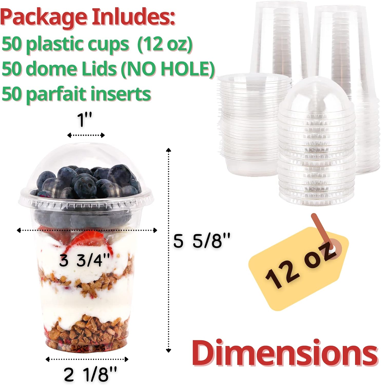 Aatriet 12 oz Clear Plastic Parfait Cups with Insert 3.25oz & Dome Lids No Hole - (50 Sets) Yogurt Fruit Parfait Cups for Kids, for Dips and Veggies, Take Away Breakfast and Snacks. No Leaking image 3