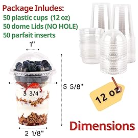 12 oz Clear Plastic Parfait Cups with Insert 3.25oz & Dome Lids No Hole - (50 Sets) Yogurt Fruit Parfait Cups for Kids, for Dips and Veggies, Take Away Breakfast and Snacks. No Leaking