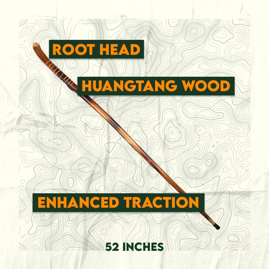 SE 60-Inch Natural Wood Walking Stick with Root Head & Steel Tip - Hand-Carved Floral Design, Huangtang Wood, Grooved Grip - WS631-60RH thumbnail