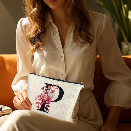 Miniatura 5 de ancpeany A-Z - Bolsa de maquillaje personalizada para mujer, bolsa de cosméticos de viaje impermeable de lino pequeña, P, Moda
