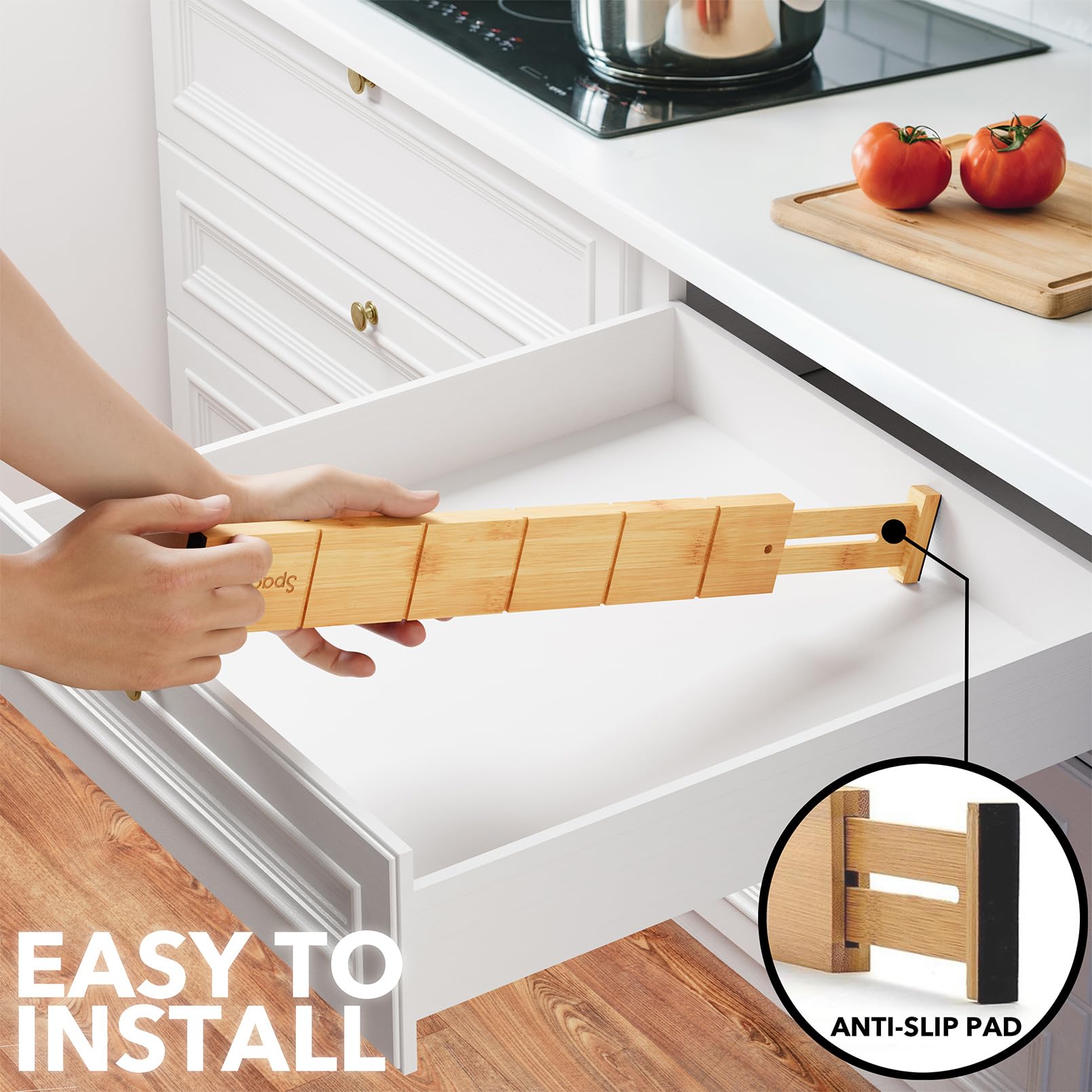 SpaceAid Divisori per cassetti in bambù con inserti ed etichette, organizer regolabili per cassetti da cucina, organizzazione espandibile per casa, ufficio, cassettiere, 7 divisori con 15 inserti