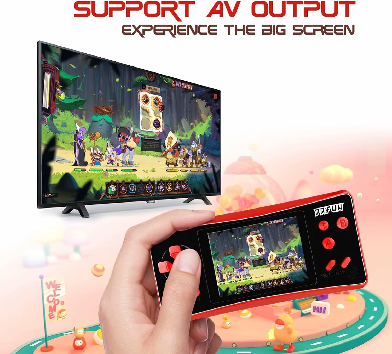A hand holding the HigoKids Handheld Game System, with the game screen mirrored on a large television, demonstrating AV output.