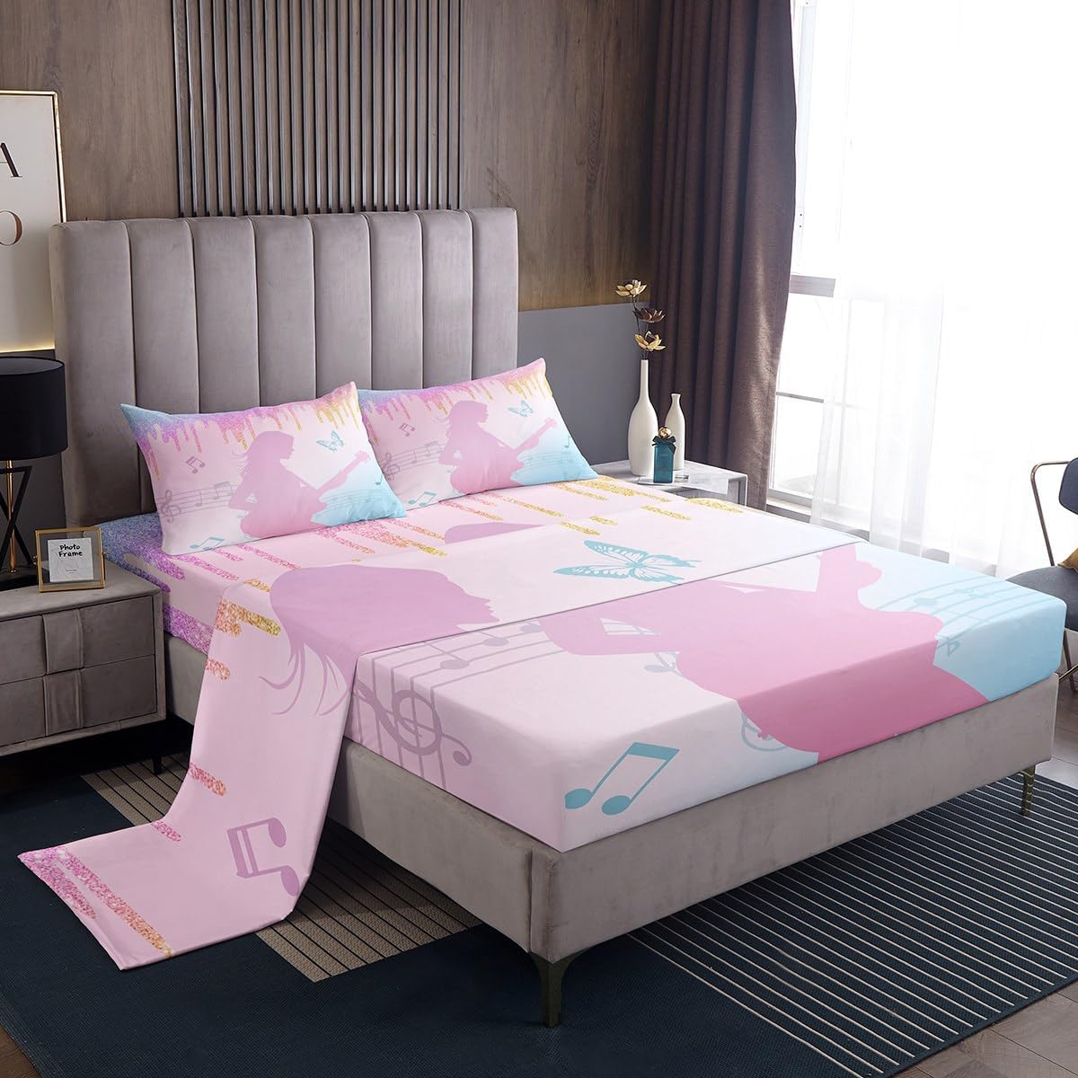 jejeloiu Girls Singer Bed Sheets Set Pink Music Guitar Bedding Set Full Size Glitter Fashion Women Bed Cover Room Decor Lightweight Bed Set with Deep Pocket Fitted Sheet with 2 Pillow Case