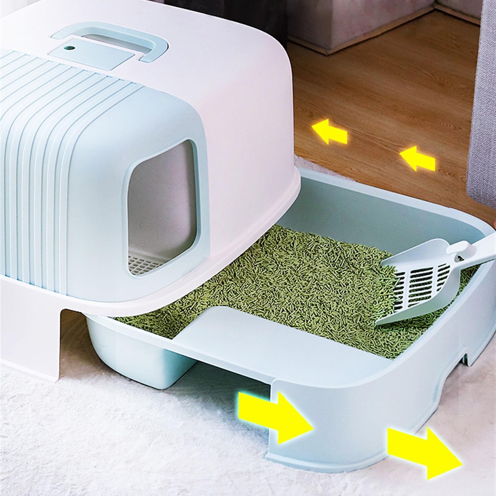 Solo para perros y gatos Jumbo, orinal para cerrado con pala, arenero para capucha con asa superior de fácil acceso y hebillas para portabilidad de privacidad para interiores (amarillo)