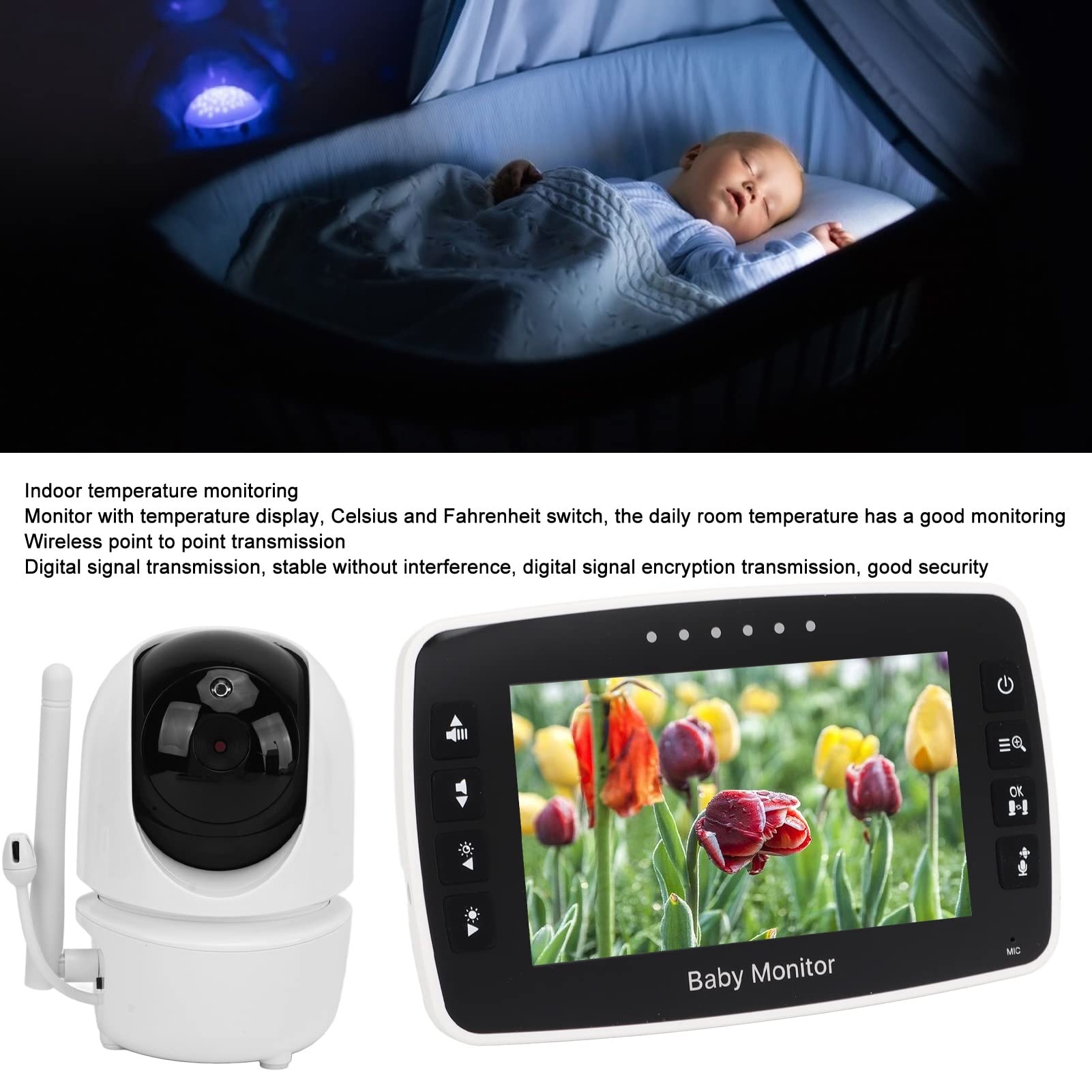 Hosie Monitor de bebé Inalámbrico, Intercomunicador Giratorio Bidireccional, Monitor de bebé de Visión Nocturna Infrarroja de 100‑240 V para Dormitorio (Enchufe de la UE)