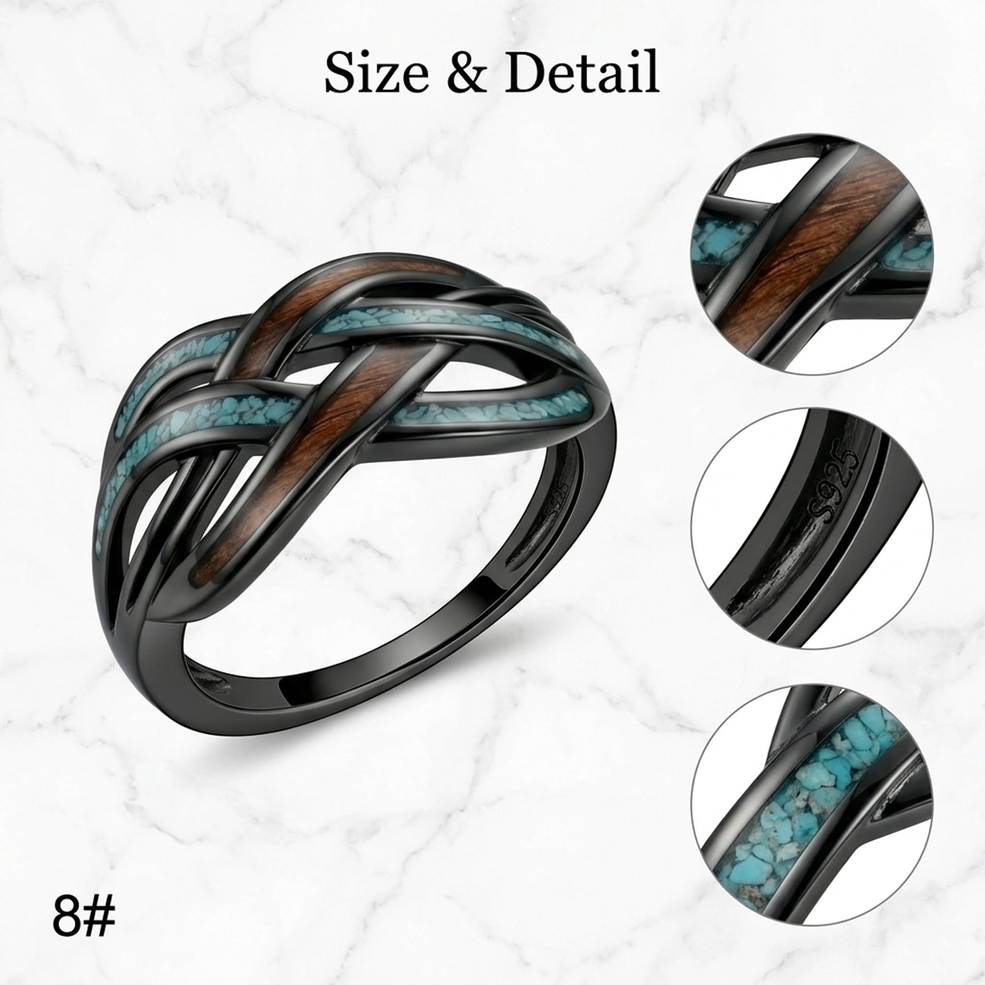 DAYLINLOVE Keltische Knoten Ringe 925 Sterling Silber Unendlichkeit Knoten Türkis Holz Ringe Nordisch Irisch Keltisch Schmuck Geschenk für Damen Frauen