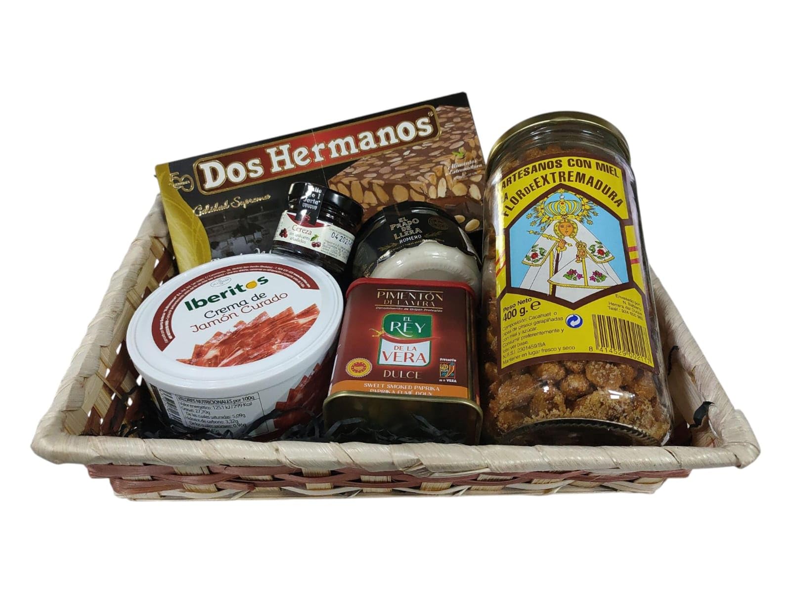 Cesta Extremeña Gourmet Sin Gluten Pimentón de la Vera Paté de Jamón Curado Crema de Queso Cacahuetes con Miel Turrón de Chocolate con Almendras Mermelada de Cereza Cesta Bambú – CORAZON EXTREMEÑO