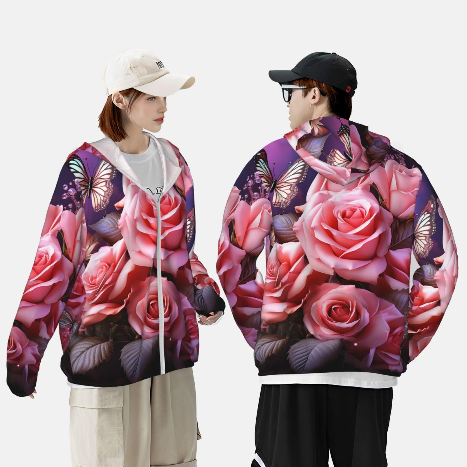 NONHAI Men's Sun Protection Jacket UPF 50+ Full Zipper Long Sleeve UV Hoodie Shirt Rose and Butterflies Women's Outdoor Jacket