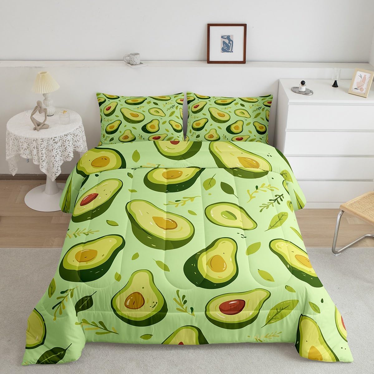 Feelyou Avocado Bedding Set Queen Size, Green Avocado Comforter Set for Kids Boys Girls Teens Cartoon Avocado Comforter Fruit Duvet Set Durable Bed Set 3Pcs