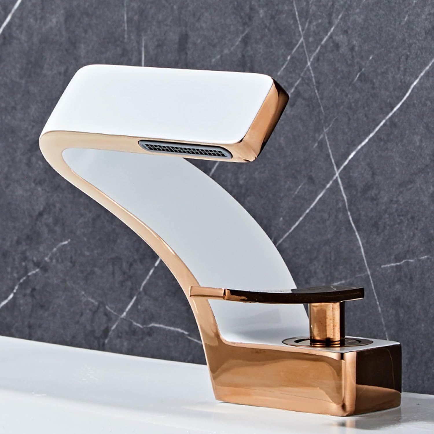 Zbbdfazd White + Rose Gold Bathroom Sink Mixer Tap, Brass Waterfall Basin Faucet, Single Lever Design