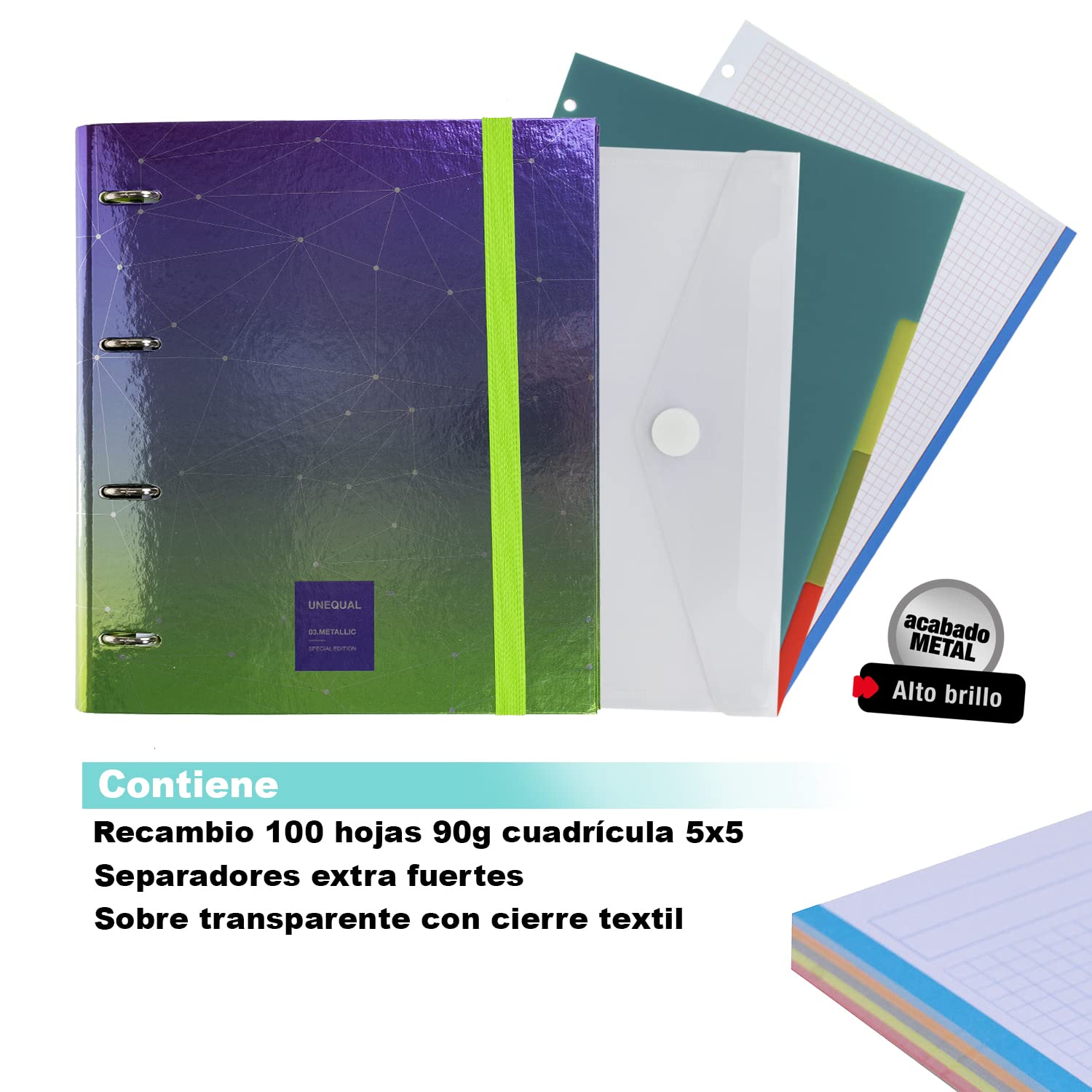 Grafoplás 4 Ring Binder Squared 5x5 90g A4 Plain Metal Finish with Dividers and Clear Envelope Carpebook, Purple - Image 3