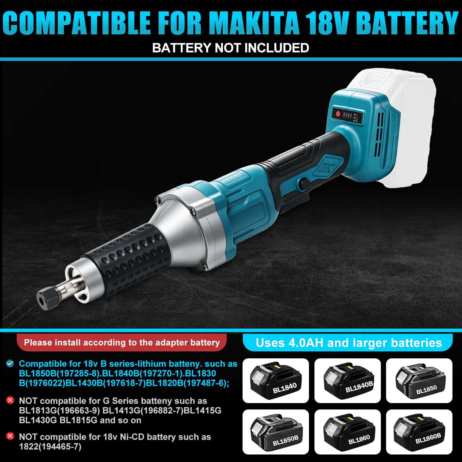 Smerigliatrice dritta a batteria compatibile con Makita da 18 V, senza spazzole, con pinza di serraggio da 6 mm e regolazione della velocità a 4 livelli, strumento multifunzione per