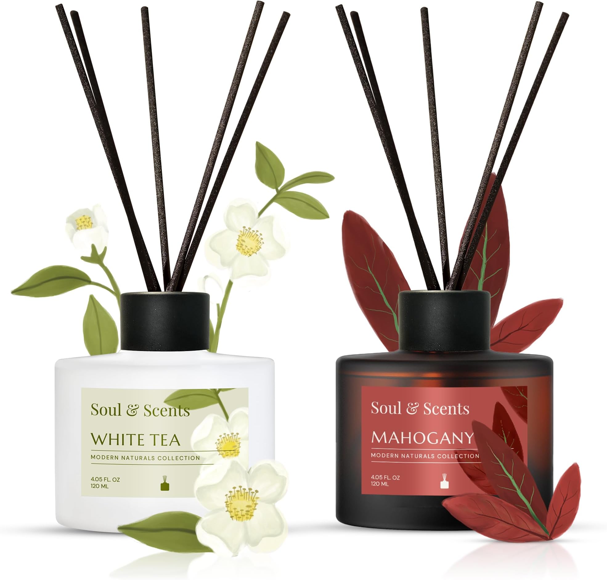 - White Tea and Mahogany Reed Diffuser Set - 120ml with Free 6 Fiber Reed Sticks Each| Toxin Free & Stress Relief| Long Lasting | Room Freshener for Home, Bedroom & Office| Combo Pack of 2