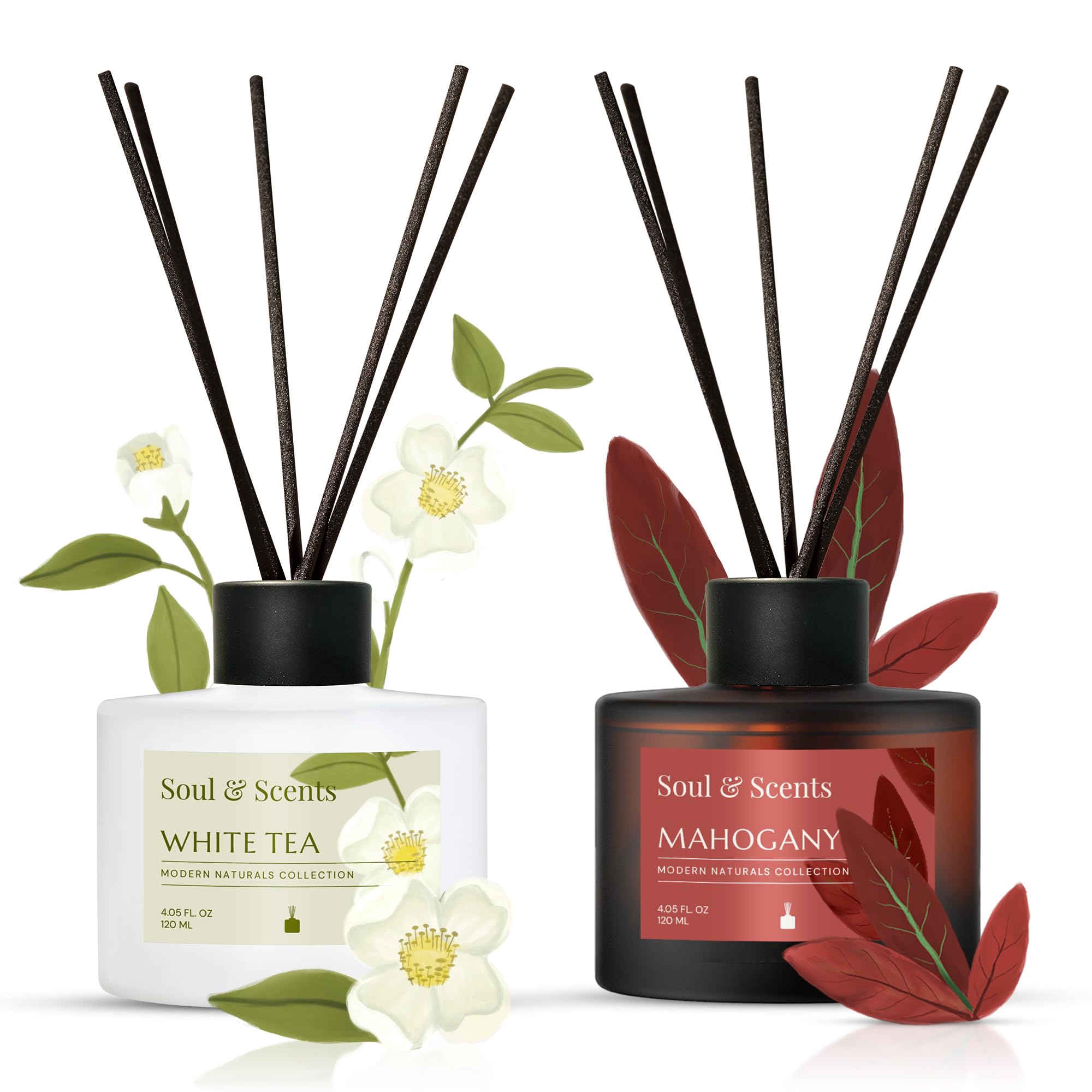 Soul & Scents White Tea and Mahogany Reed Diffuser Set - 120ml with Free 6 Fiber Reed Sticks Each| Toxin Free & Stress Relief| Long Lasting | Room Freshener for Home, Bedroom & Office| Combo Pack of 2