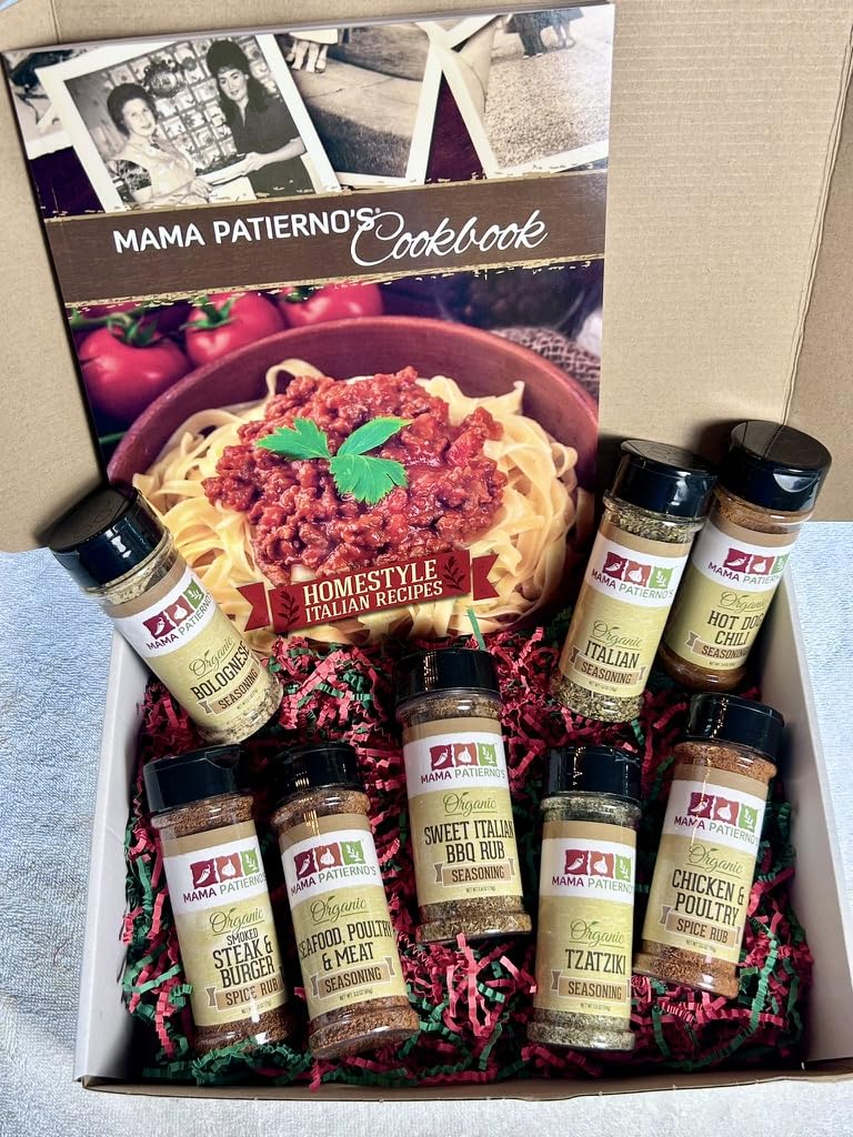 Mama Patierno's Organic Seasoning Gift Set with Cookbook, 8 USDA Certified Spice Blends, Italian Recipes Collection, Traditional Family Cookbook