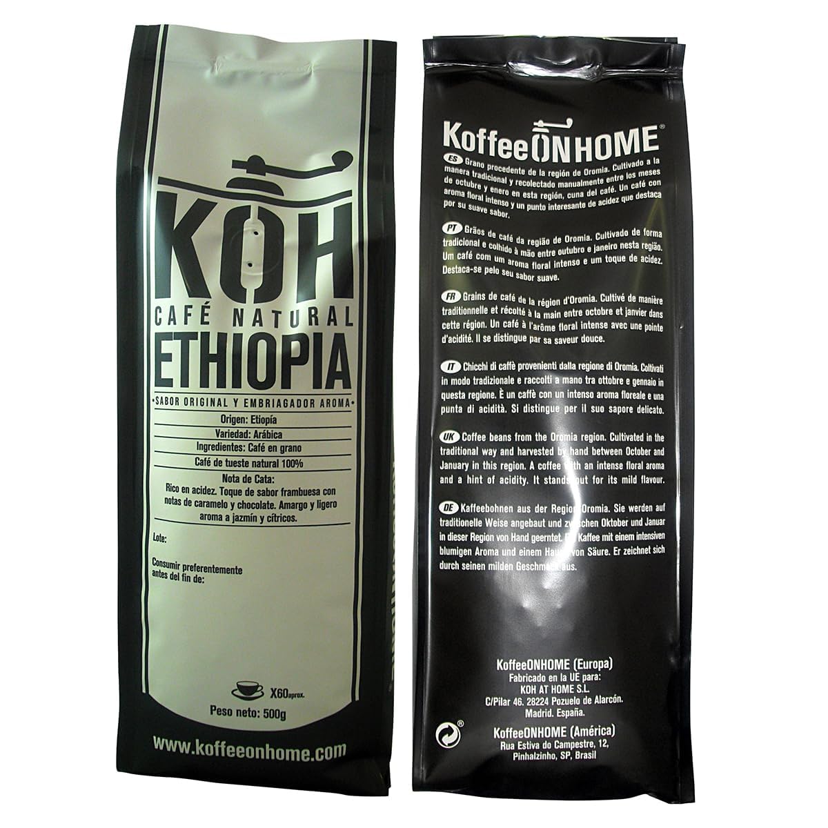 KoffeeONHOME Café en Grano, 100% Arábica, Etiopía, Tueste Natural, 4 Paquetes de 500 gr - 2 kg