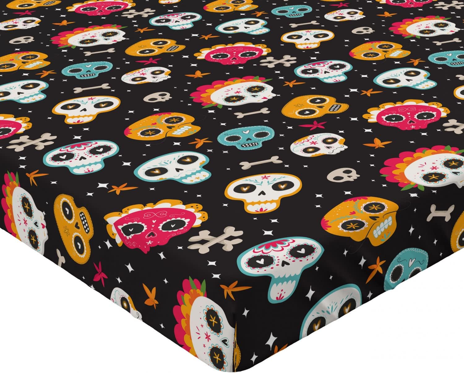 Ambesonne Sugar Skull 2 Pack Fitted Sheet, Cultural Bones Flowers, Bed Cover All-Round Elastic Deep Pockets 2 Pieces, Package Contains 2 Queen Size Fitted Sheets, Dark Brown Multicolor