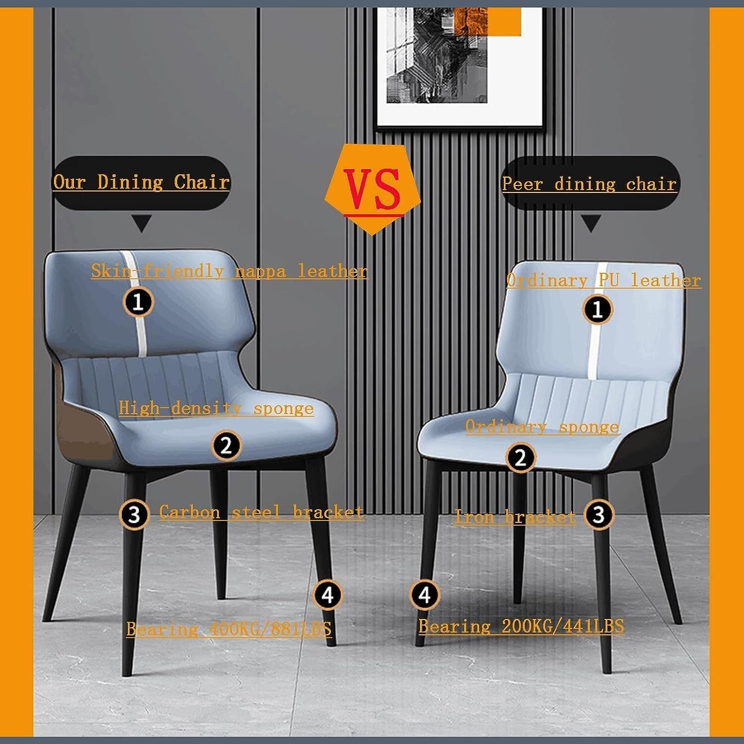 Moderno comedor sillas conjunto de 4 sillas de cocina con patas de metal tapizado Cuero auténtico comedor silla para comedor sala sala de espera cocina(A luz azul café)