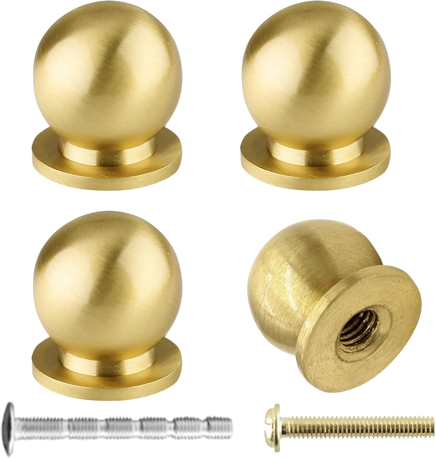 Mini Round Solid Brass Knobs, 3/4 Inch (19mm) Diameter Antique Metal Cabinet Drawer Pulls, Modern Kitchen Dresser Handle Knobs for Kitchen, Jewelry Box with Screws, Brushed Gold, 4PCS