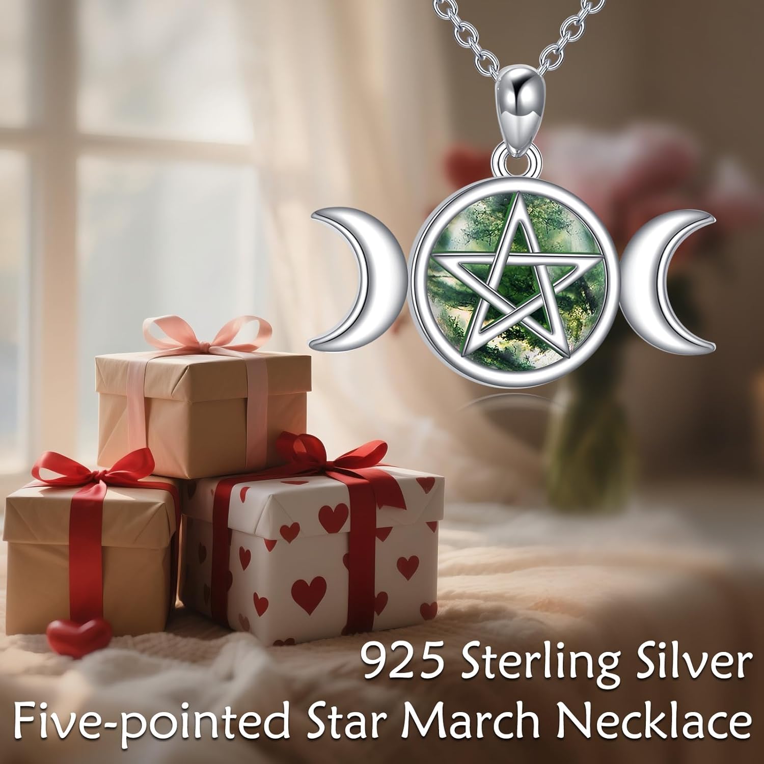 YAFEINI Triple Moon Necklace 925 Sterling Silver Moss Agate Pentacle Pendant Wiccan Pagan Moon Goddess Jewelry Gifts for Women Men - Image 6