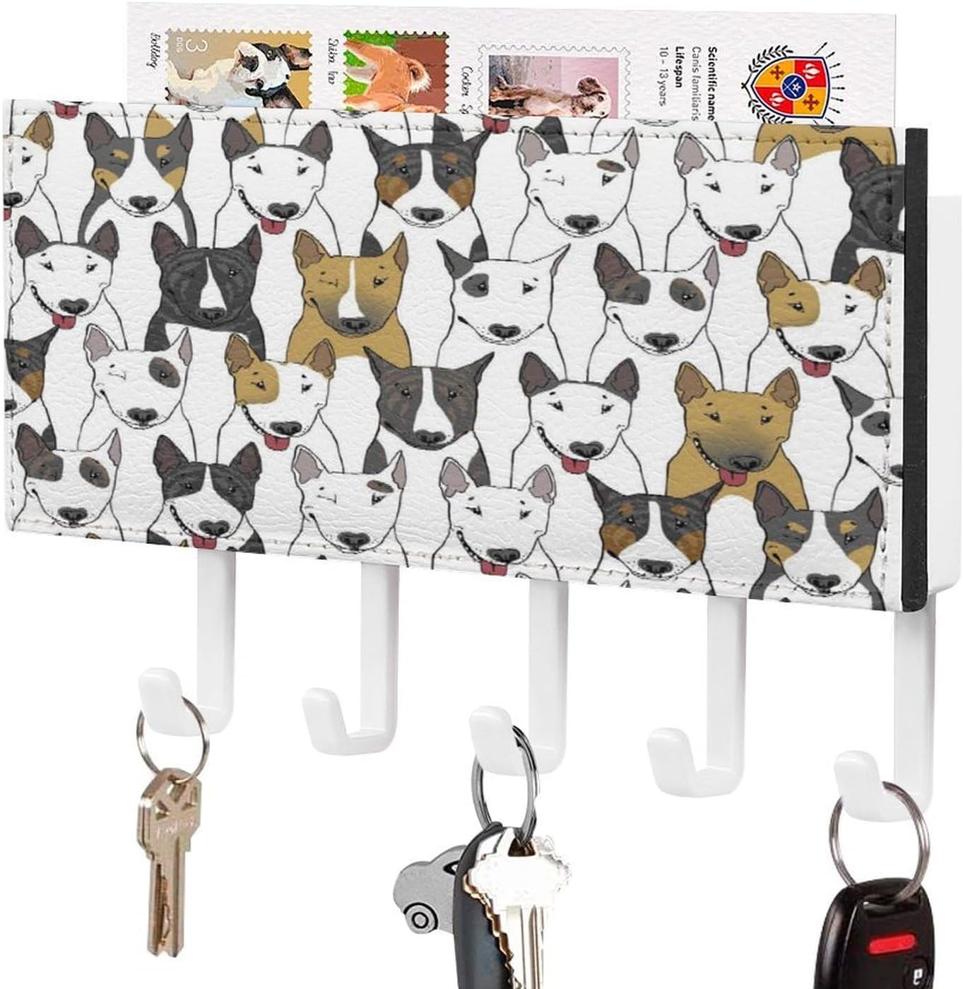 Key Holder Wall Mount Key Hanger with 5 Hooks, Decorative Key Rack | Funny Dogs Bull Terrier Hanging Key Hooks with Mail Organizer for Wall Living Room Kitchen Bathroom Hallway