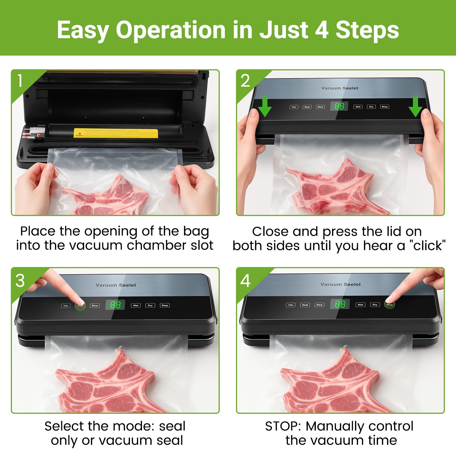Machine Sous Vide Alimentaire 6 en 1, Sous Videuse Alimentaire pour le Mode Sec/Moist Avec Tuyau D'aspiration D'air, Coupeur Intégré et Rangement du Sac, 1 Rouleau de Sacs, 30 Sacs