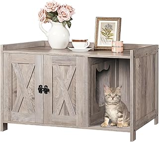 MAHANCRIS Cat Litter Box Enclosure, Hidden Litter Box Furniture with Divider, Indoor Cat House, Wooden Washroom Storage Ca...