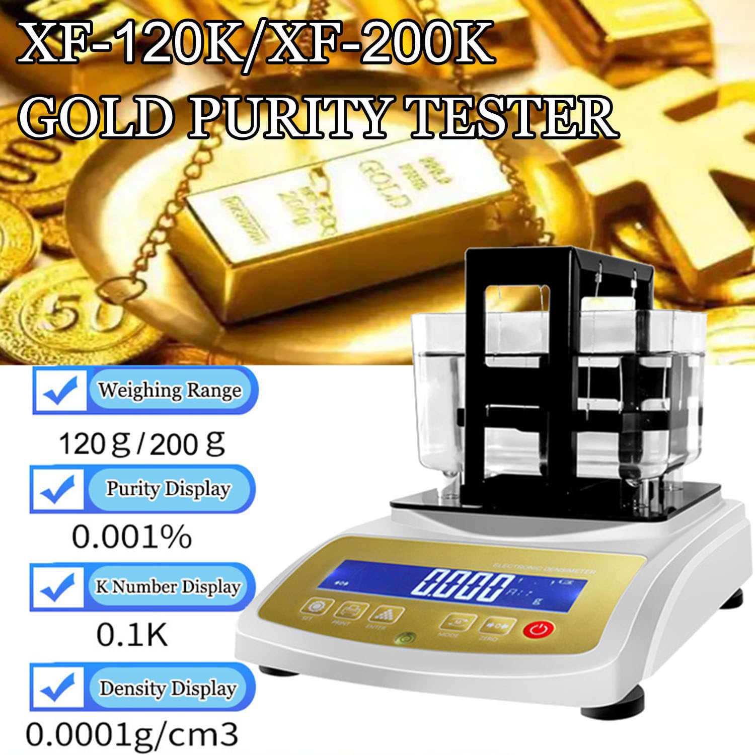 Cyfrowy tester czystości złota z wyświetlaczem LCD, analizatorem metali szlachetnych, gęstościomierz, precyzja ważenia 0,01 g/0,001 g, idealna do oznaczania jakości złota