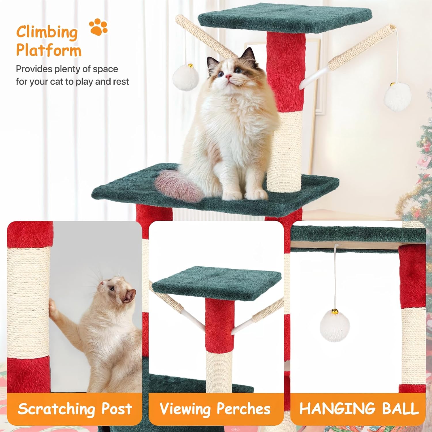 Cat Tree, 55 Inch Cat Tower with Scratching Posts, 2 Perches,1 Caves,1 Ladder,3 Pompoms and 1 Hammock,Cat Tree for Indoor Cats Large Adult for Christmas Décor