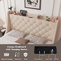 Vista 4 de Feonase - Base de cama tapizada tamaño queen con 4 cajones para almacenar, puerto tipo C y USB, estación de carga, cabecera con respaldo capitoné