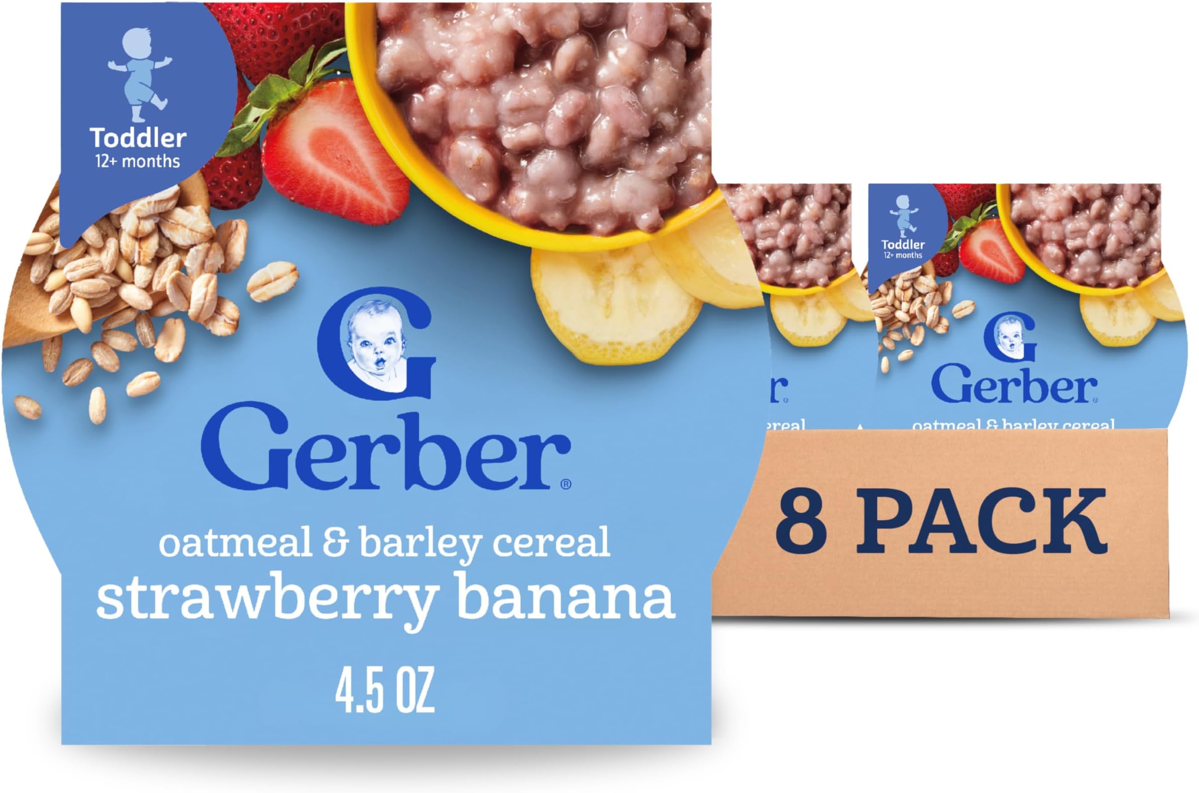 Toddler Food, Baby Food, Breakfast Oatmeal with Barley, Strawberry Banana Flavor, Cereal, Iron Helps Support Brain Development, 8 Pack