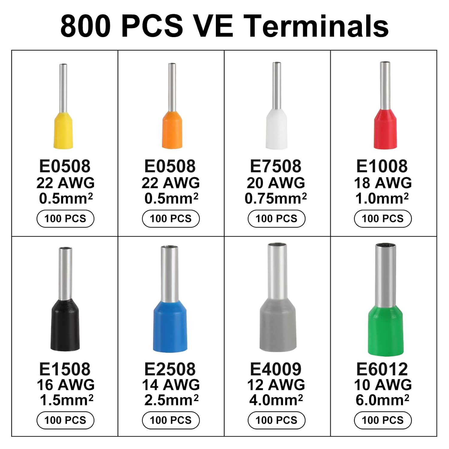 800pcs Assorted Wire Ferrules Terminals Kit AWG 22-10 Insulated Copper Crimp Connectors for Industrial and Power Control Systems