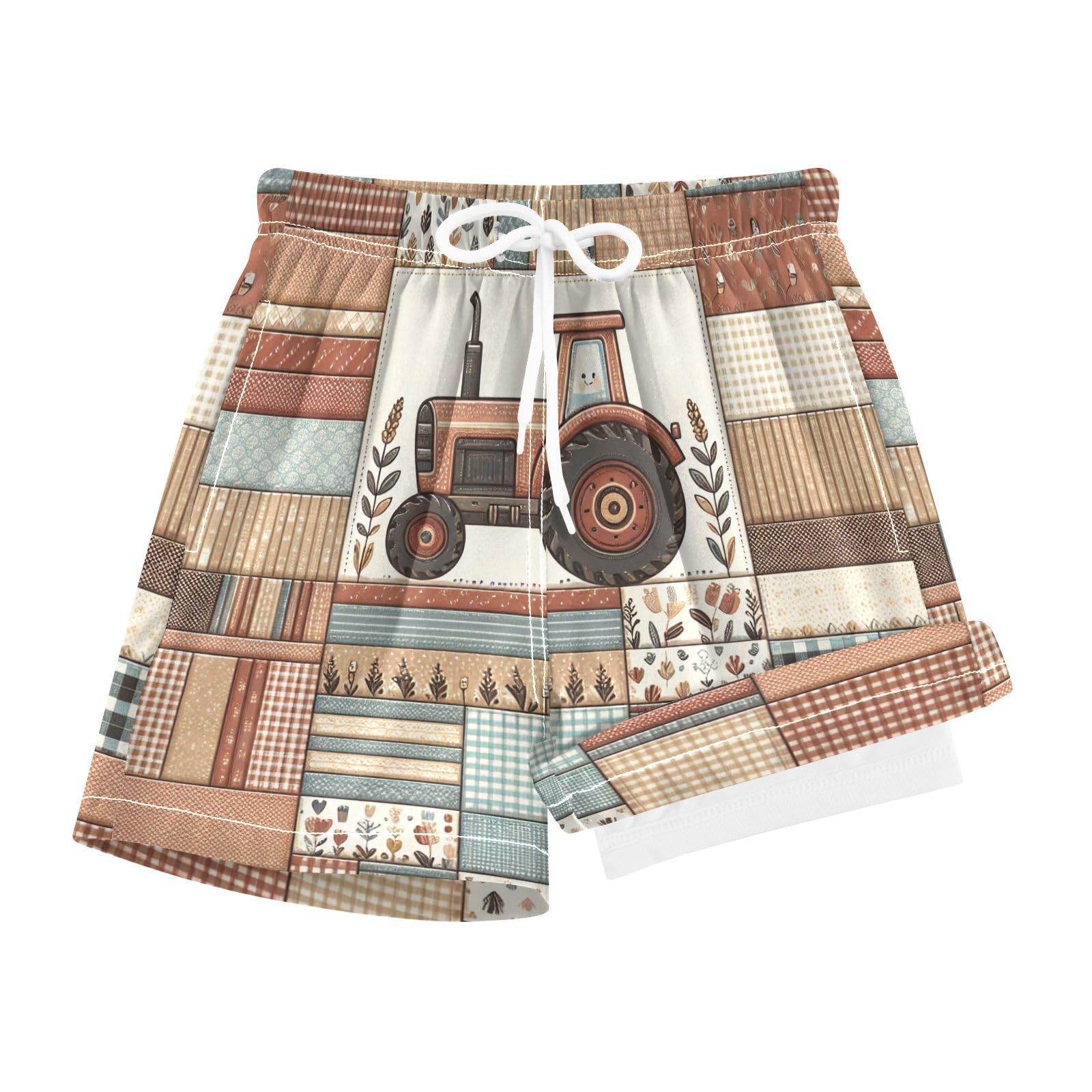 YANENDIE Boy Swim Trunks with Compression Liner Vintage Checkered Farm Tractor Boys Swim Shorts Quick Dry Beach Shorts