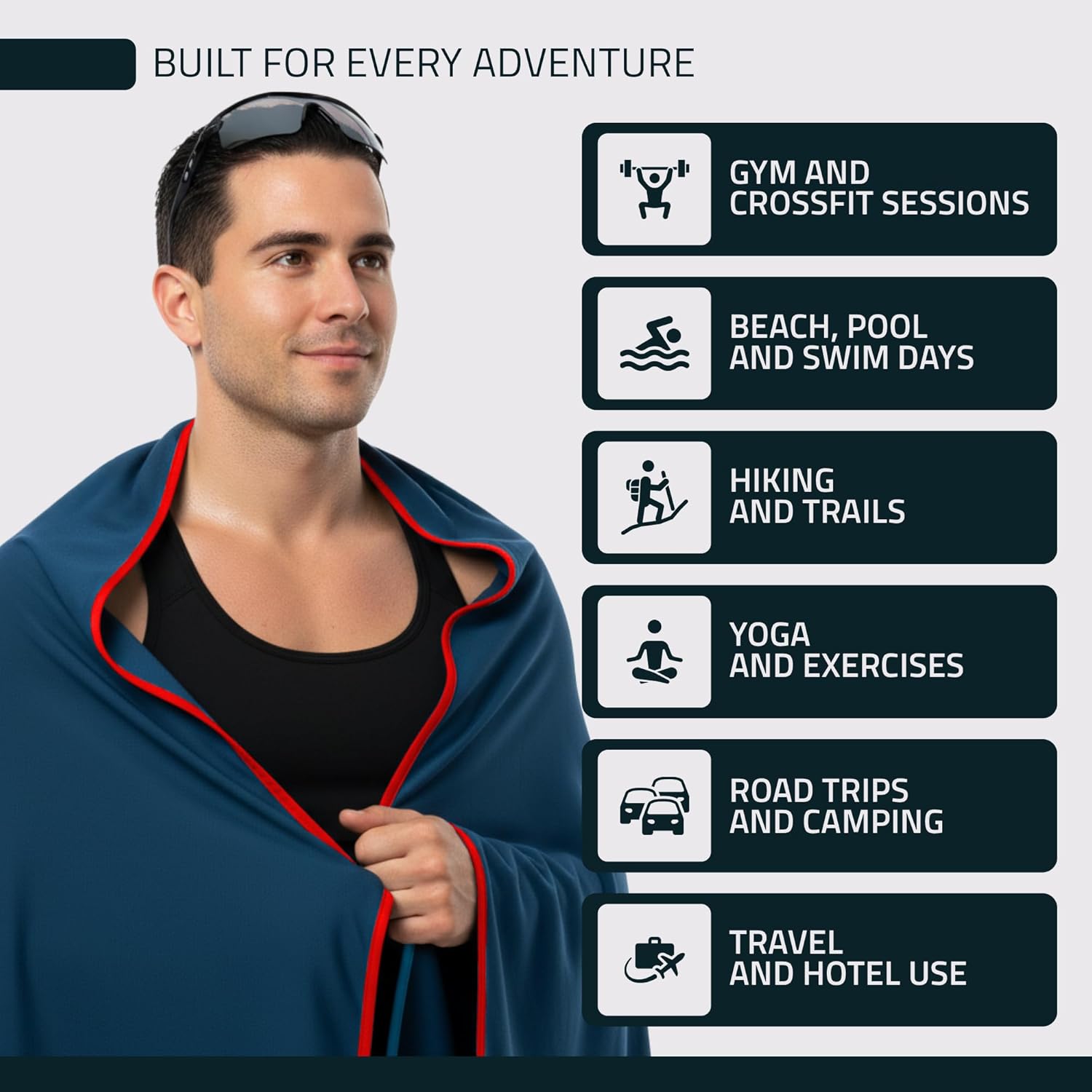 FITLY 3-in-1 Multipurpose Towel - Bath Towels and Waterproof Car Seat Protector, Absorbent Gym Towel Cover After Workout for Yoga, Swimming, Camping, Beach - Microfiber Cover & Car Accessories - Red