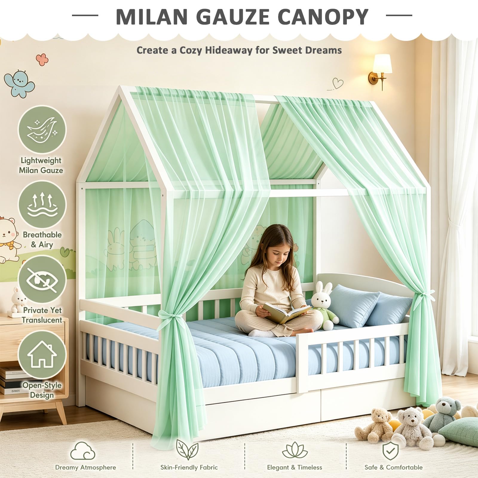 Ciel De Lit Cabane, Rideau Cabane, Ciel Décoratif pour Maison Fille et Garçon – Rideau De Lit pour Enfant (Mousseline De Coton) (Vert, H350CM X W150CM)