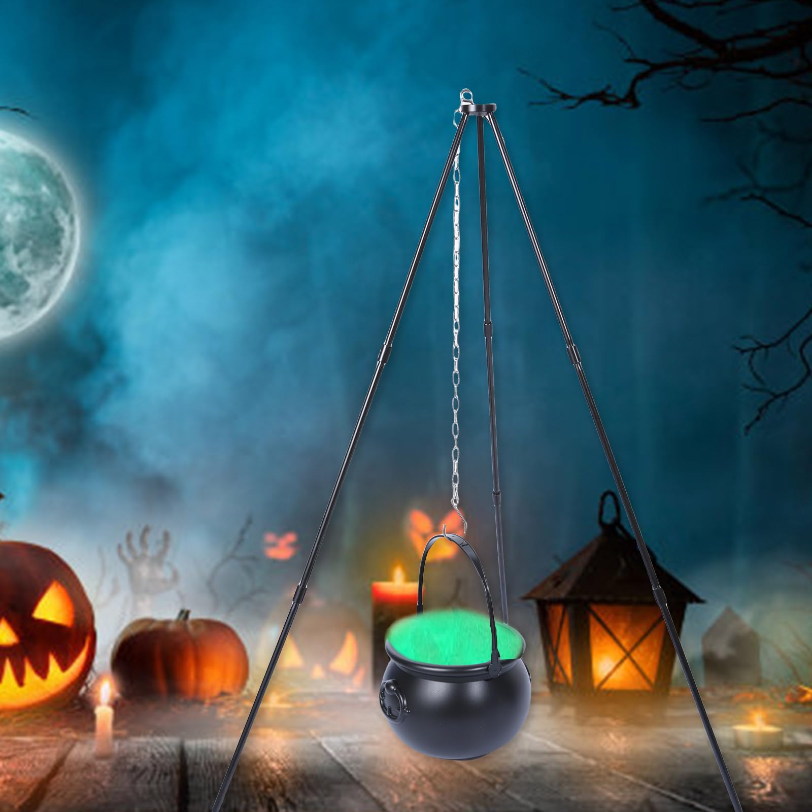 Dekoracja na Halloween do użytku wewnątrz i na zewnątrz: Duży kocioł czarownicy ze świecącym statywem, świąteczne akcesoria, kocioł wiedźmy na świeżym powietrzu