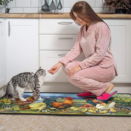 Miniatura 4 de Juego de 2 alfombras de cocina de gallo para decoración de cocina, estilo granja, lavable, decoración de pollo y girasol, tapete para interiores de