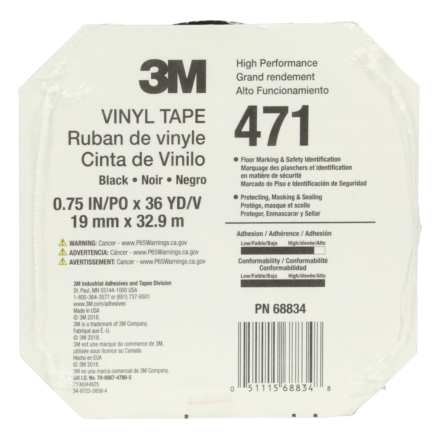 3M™ Vinyl Tape 471, Black, 3/4 in x 36 yd, 5.2 mil