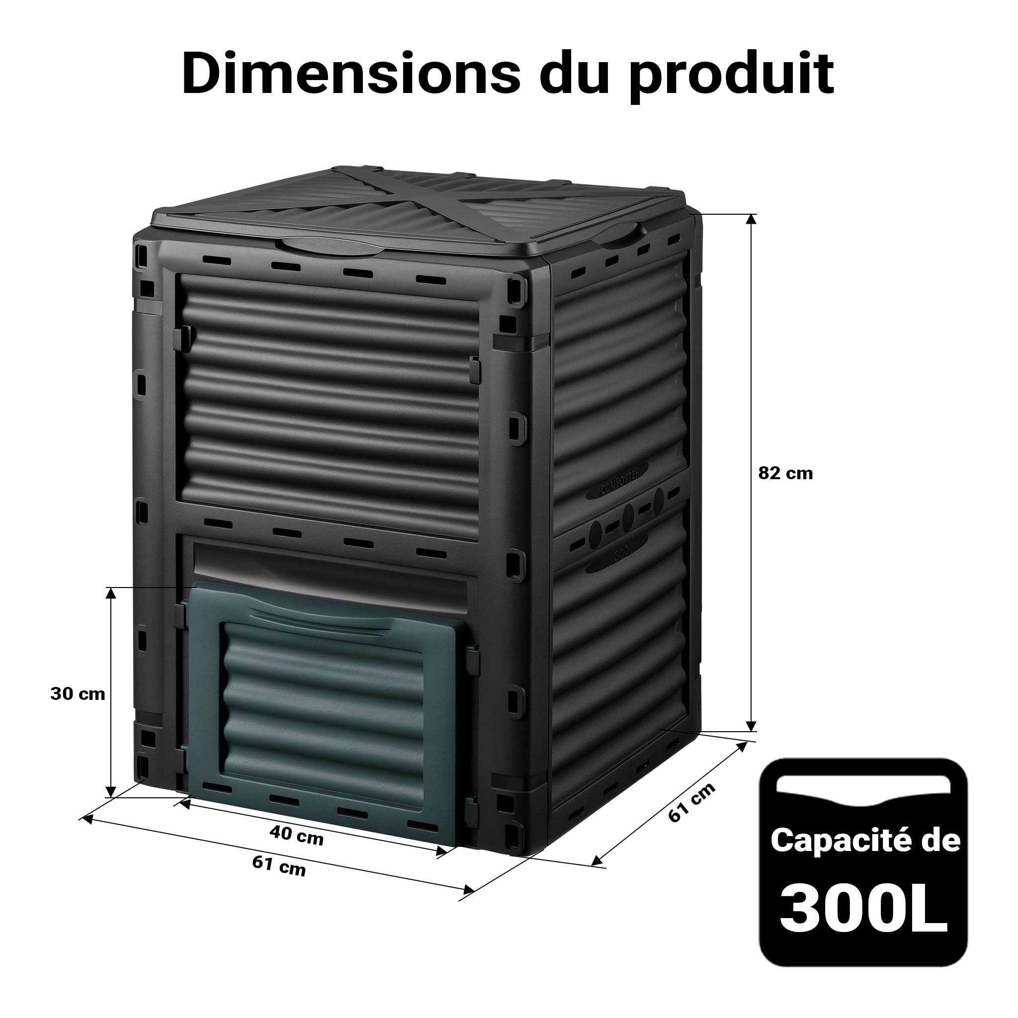 Wiltec Composteur de Jardin 300 l – 61 x 61 x 82 cm – en Plastique Robuste – Bac à Compost – Compostage Rapide Jardin privé – Horticulture Jardinage