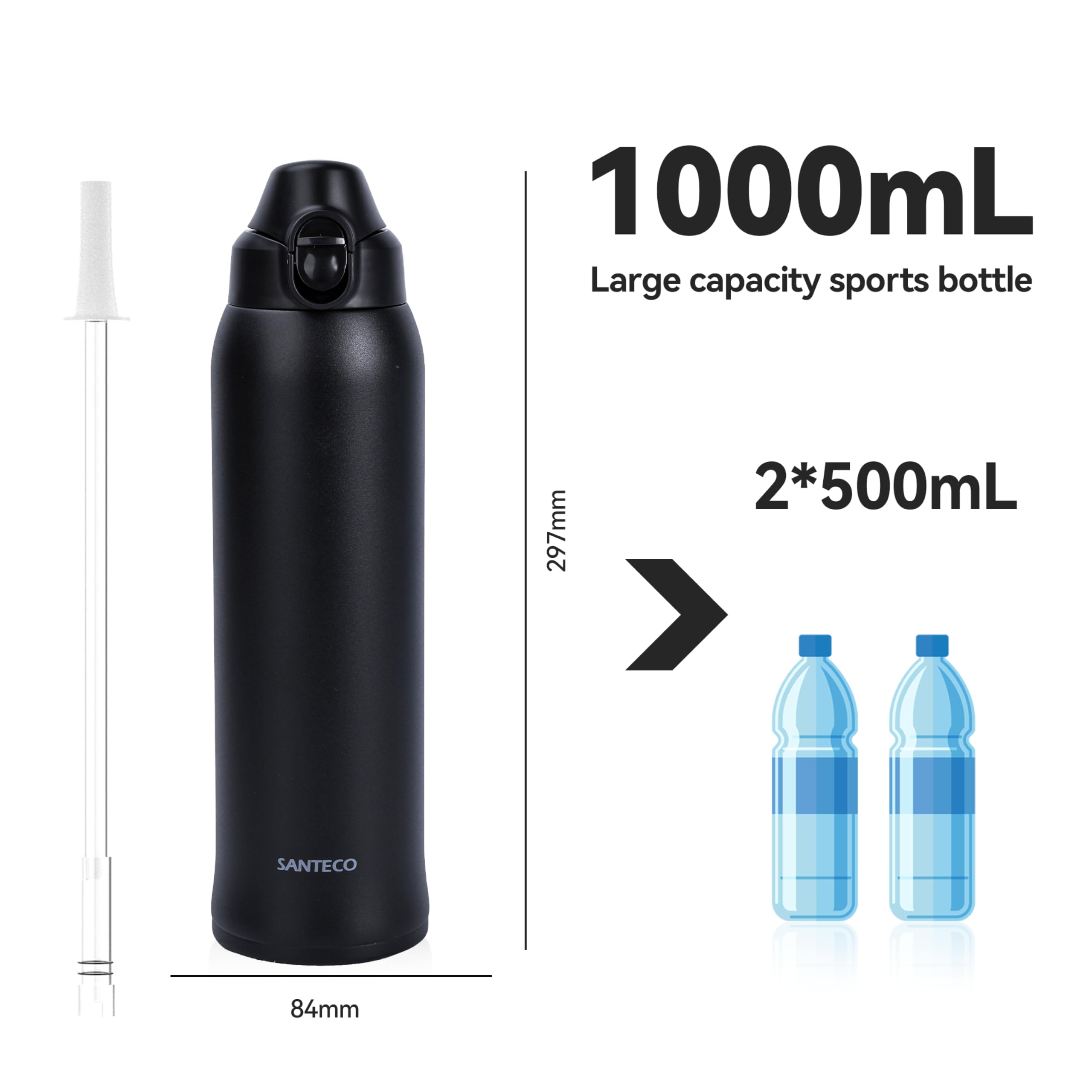 Santeco - Borraccia sportiva isolata sottovuoto, mantiene caldo e freddo 12 ore